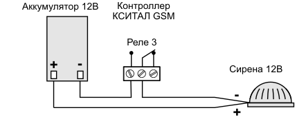 Схема поключения сирены к сотовой системе контроля и управления КСИТАЛ GSM